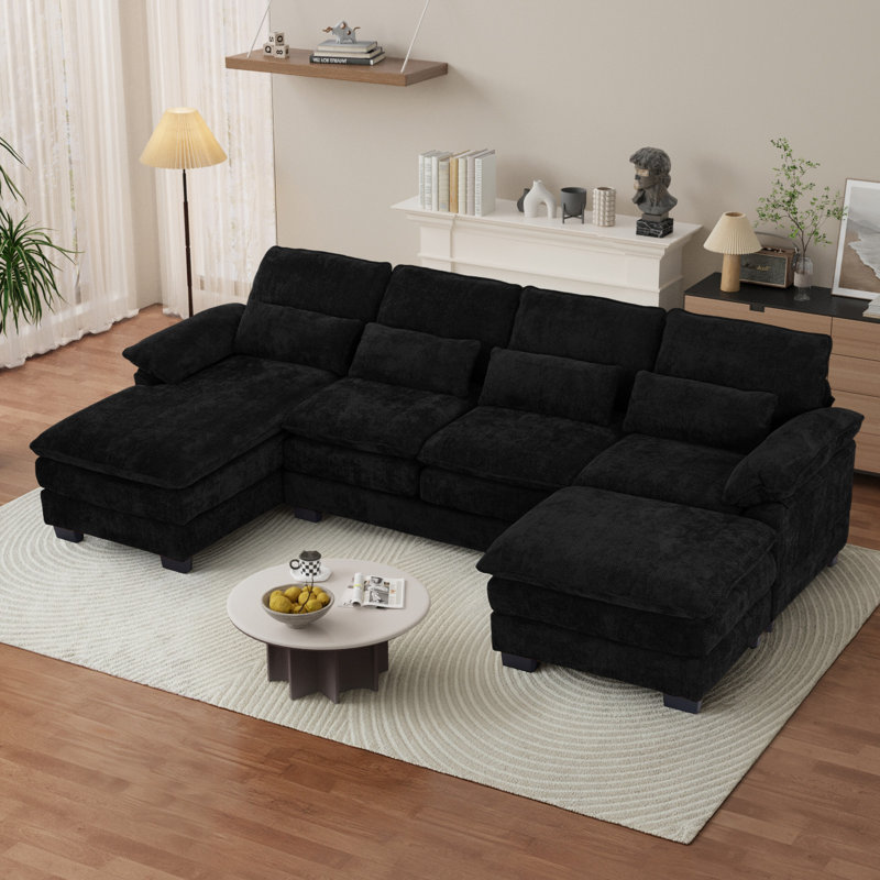  Canapé modulaire surdimensionné en U de 113 po de large avec accoudoirs larges, Chenille noir