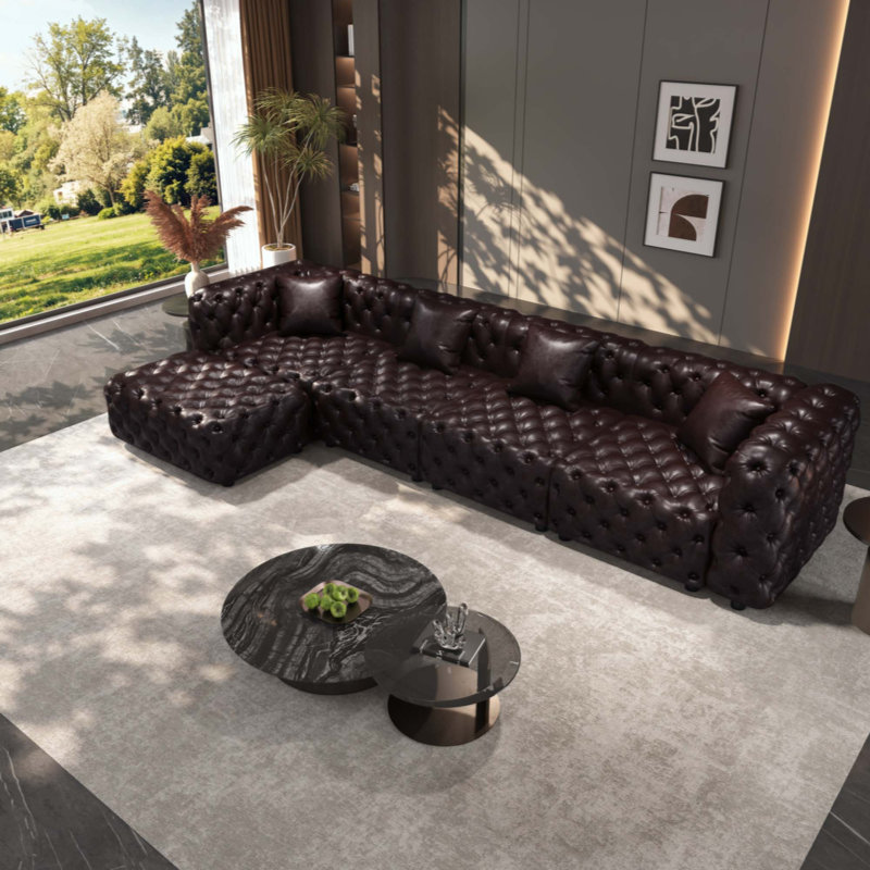 Ensemble de canapé moderne, canapé modulaire rembourré en similicuir 4 places avec conception touffetée à la main pure, 1 repose-pieds et 4 coussins, combinaison multiple pour le salon