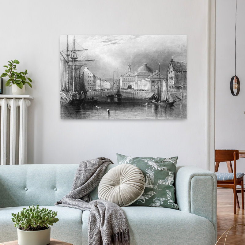 Horizon des années 1840, Boston, Massachusetts, au bord de l'eau, montrant la gravure de la salle Fanueil par T. A. Prieur de Bartlett, architecture rétro ...