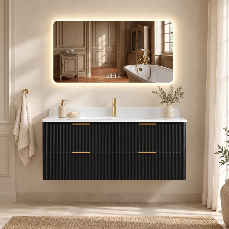Ensemble meuble-lavabo suspendu noir de 122 cm avec lavabo intégré et miroir de courtoisie à DEL de 122 x 61 cm