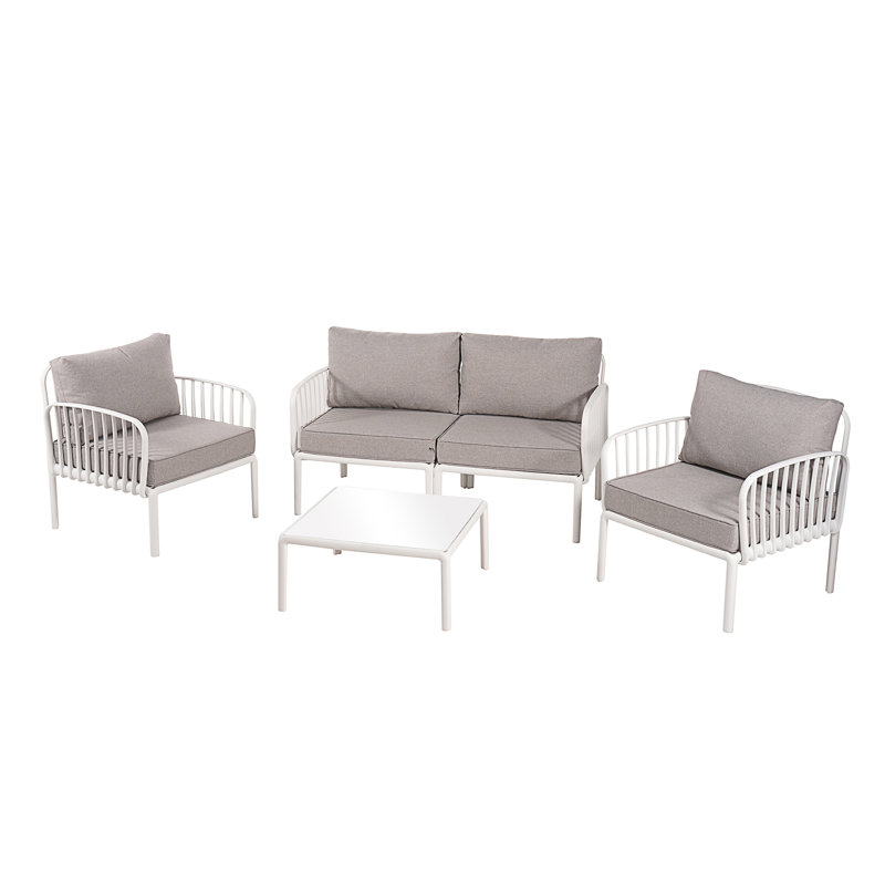 Ensemble de conversation pour patio 5 pièces, 4 pièces: table, causeuse, 2 chaises, Gris clair, Blanc
