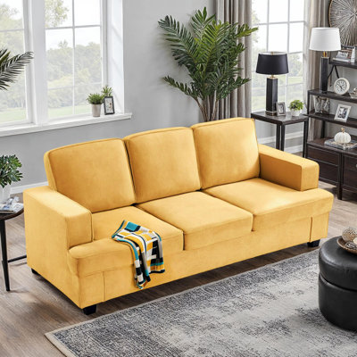 Velvet 3-Seater Sofa, Deep Seating Couch with High-Density Foam and Loose Back Cushions