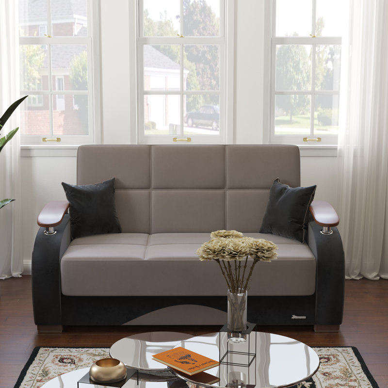 Gray Microfiber Upholstered Loveseat with Storage and Wooden Arm Tops