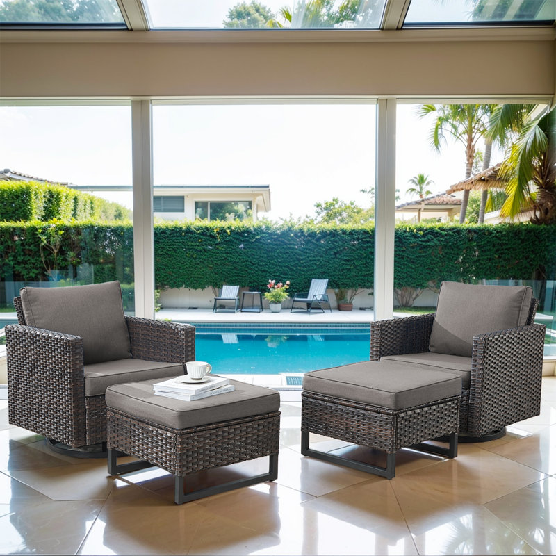 Nazime Outdoor Patio Swivel Rocking Chairs With Ottomans (Set Of 2), Gray
