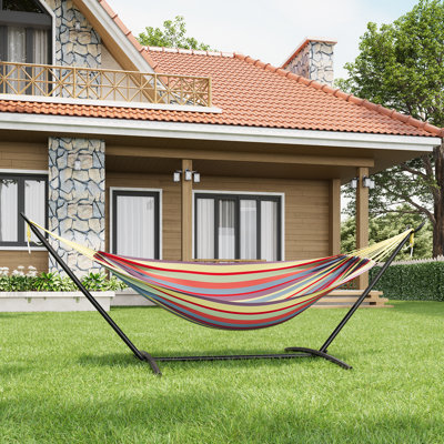 Hamac pour 2 personnes avec support, hamac portatif double pour l'intérieur et l'extérieur, structure en acier robuste, capacité de 450 lb, hamac peu encombrant avec sac de transport pour la cour, le patio et le camping