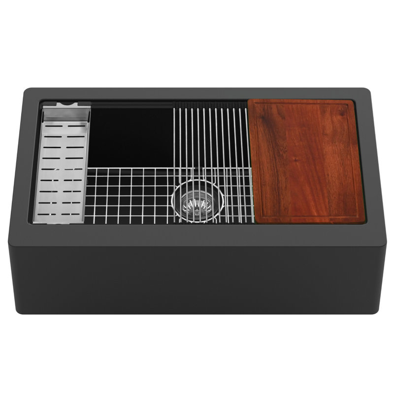 Karran Quartz 34'' X 21-1/4'' Single Bowl Farmhouse Apron Front Workstation Kitchen Sink, Black