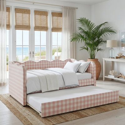 Cozy Gingham Daybed with Trundle Twin Size, Cute Wave-Shaped Sofa Bed with USB Port & Linen Fabric