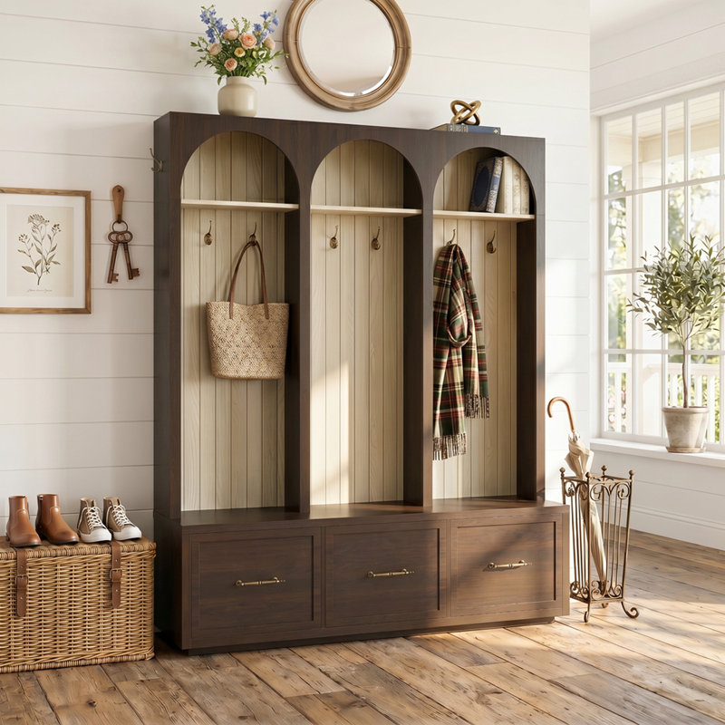 Farmhouse Wooden Style Dark Walnut Hall Tree with Arched Frame, Padded Bench, Drawers and 8 Metal Hooks, Multi-use Storage Organizer for Mudroom and Living Room