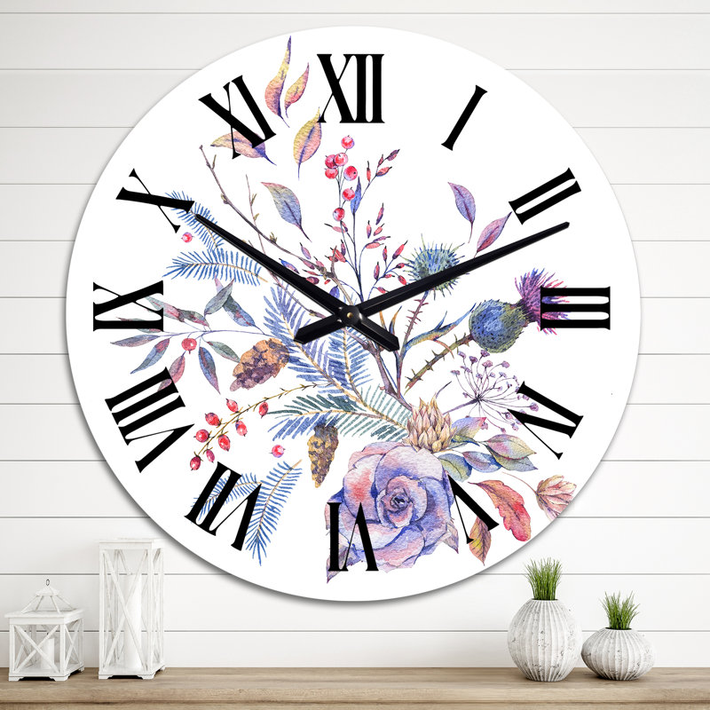 Horloge murale traditionnelle avec bouquet de chardons roses et fleurs sauvages, Moyen