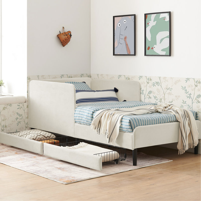 Beige Twin Size Bed Frame With 2 Storage Drawers, Convertible Velvet Bed, Modern Design, Soft Seating Surface, Reinforced Eucalyptus And Construction Adjustable Upholstered For Bedroom, Comfortable ,