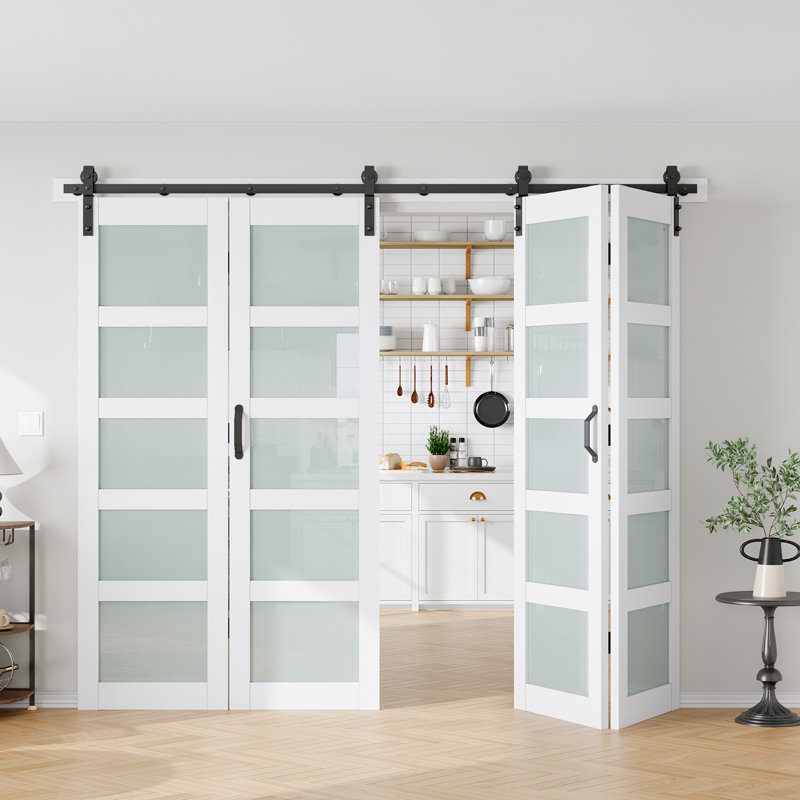 Porte de grange pliante en verre et en bois manufacturé massif avec trousse de quincaillerie d'installation, 60 po x 84 po, 4