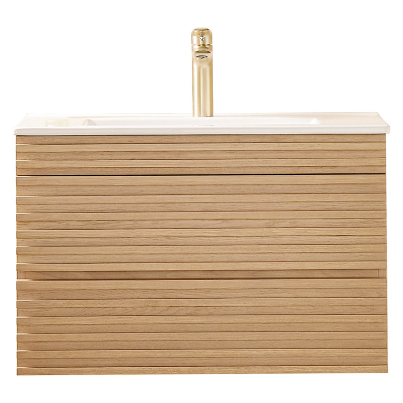 Meuble-lavabo flottant 30 po avec lavabo en céramique. Finition noyer naturel. Entièrement assemblé. Rangement pratique. Contreplaqué. Installation facile. Surface propre. Tiroirs stratifiés pour meubles de salle de bain.
