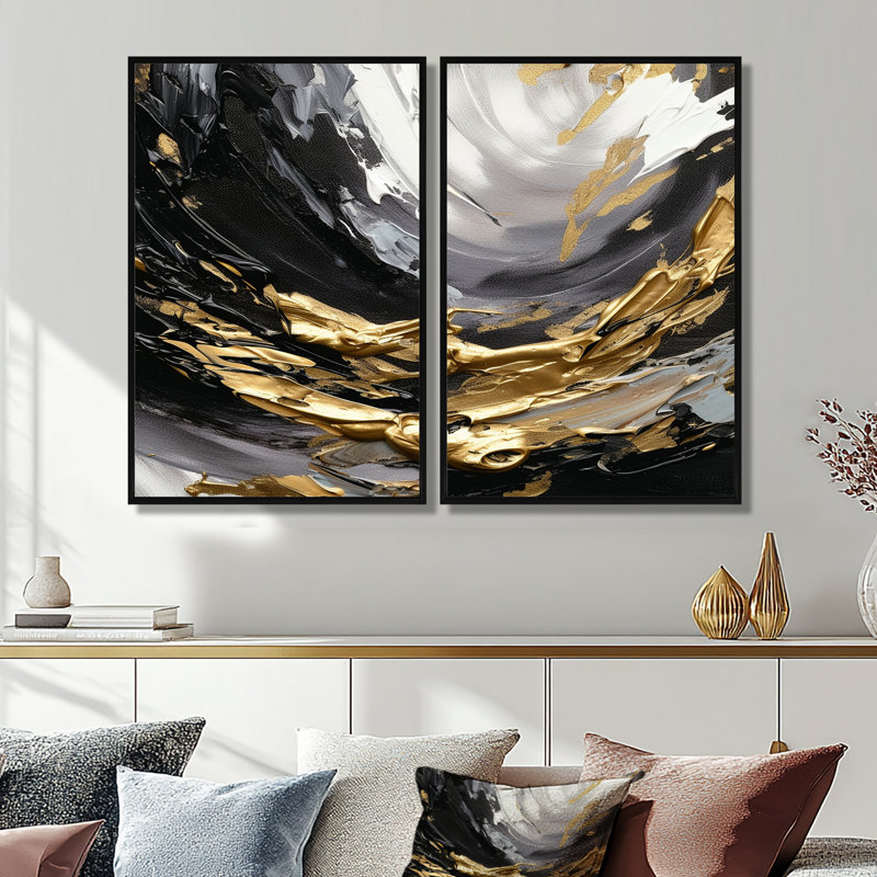 Vague dorée reflets - art mural noir, Noir, H 36 po x l 48 po, Impression encadrée flottante