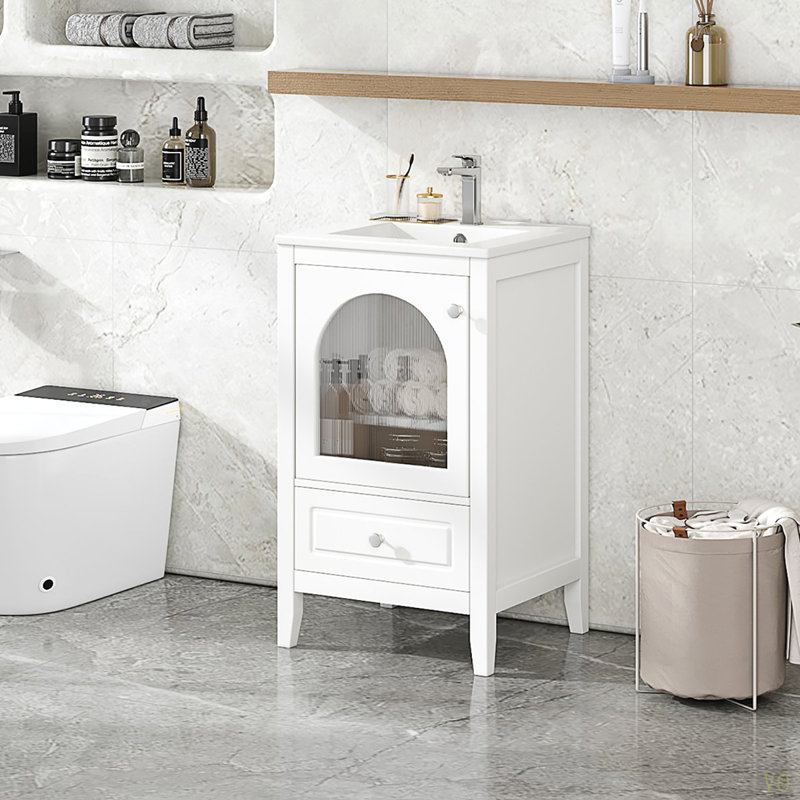 Meuble-lavabo de 20 po avec lavabo, armoire de salle de bain avec porte en verre à fermeture douce, tiroir, Blanc