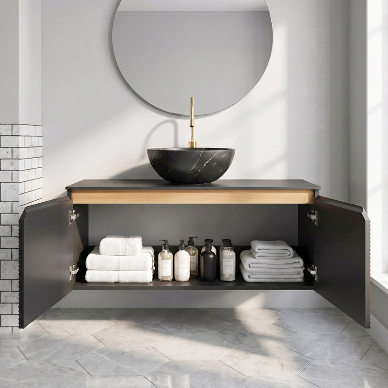 Meuble-lavabo mural 48 po en contreplaqué avec lavabos en céramique et portes doubles en sergé et armoire de rangement noir