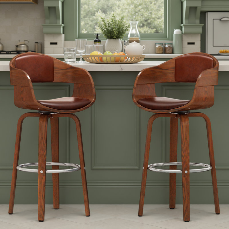 Tabouret de bar pivotant de 30 po de hauteur Mid-Century - Placage de noyer et similicuir, repose-pieds chromé, brun, Brun