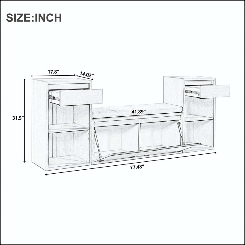 Banc de rangement tout-en-un avec coussin, tiroirs et tablettes ouvertes - blanc, White