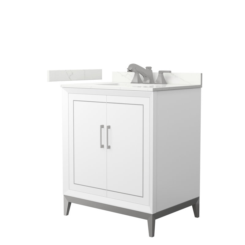 Ensemble de meuble-lavabo simple 30 po avec plateau Marlena, Quartz Giotto, Blanc, Bronze satiné