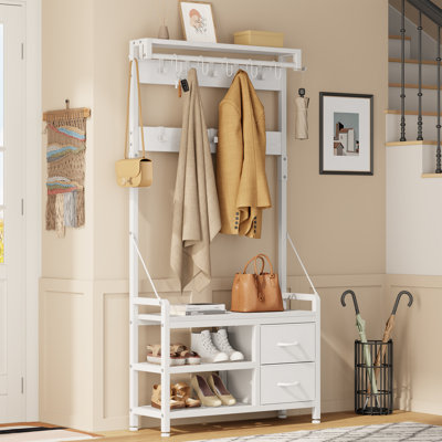  Wood 5-In-1 Hall Tree With Shoe Bench, Coat Rack, Hooks, Drawers & Top Shelf –Modern Farmhouse Entryway Organizer For Mudroom Or Foyer