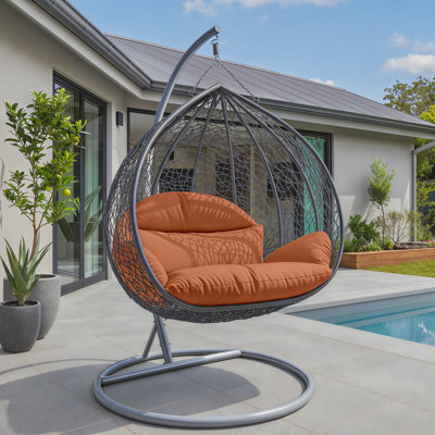 Fauteuil à œufs suspendu en forme de larme pour 2 personnes avec support et coussins en acier - Causeuse double en osier toutes saisons pour patio intérieur et extérieur