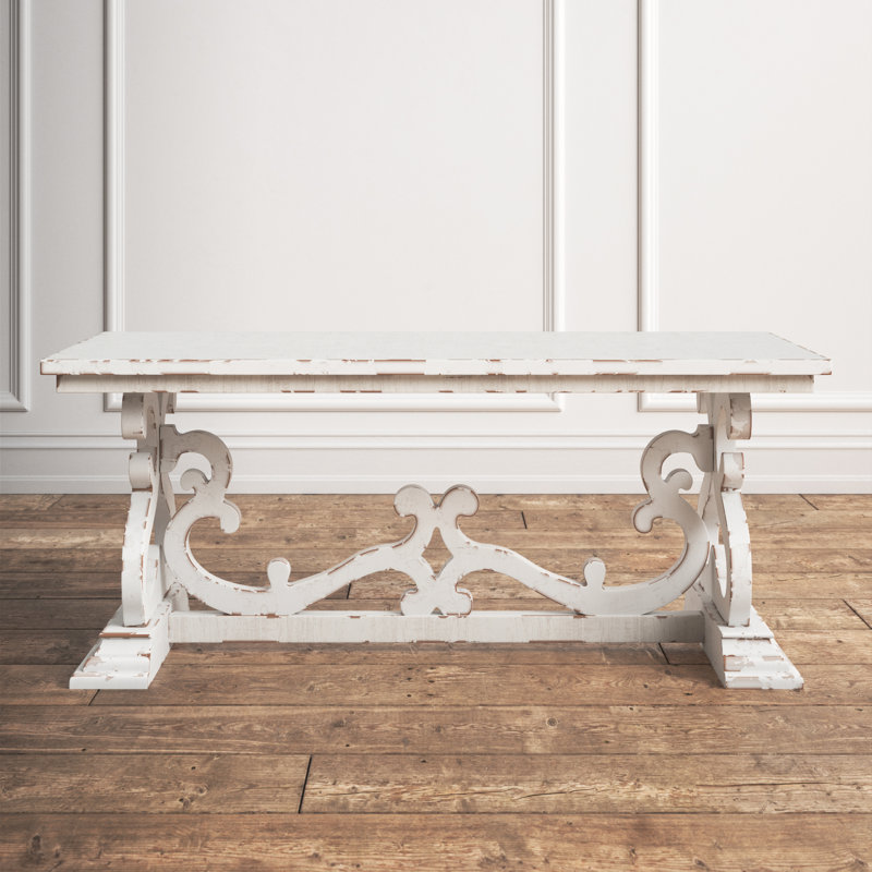 Distressed White Scrollwork Rectangular Wood Coffee Table