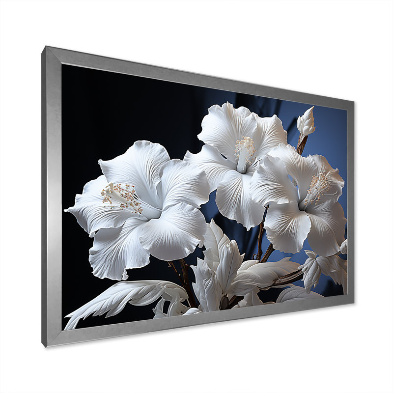 Fleurs d'hibiscus blanches illuminées au clair de lune sur toile, H 16 po x l 32 po x P 1 po, Cadre simple argenté