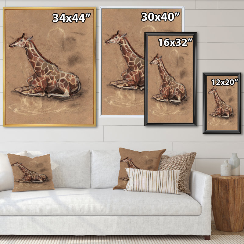 VIntage Giraffe on Brown - Peinture sur toile, H 20 po x l 12 po, Cadre flottant blanc