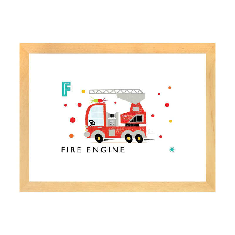 F Is for Fire Engine - impression d'art graphique, Papier avec cadre beige, H 16 po x l 24 po x P 1 po, Blanc