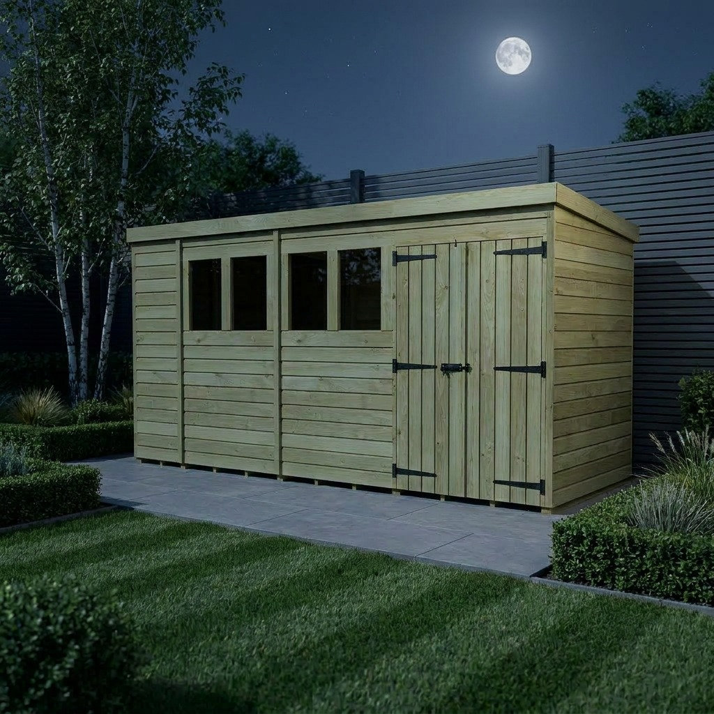 Total Sheds 15ft x 4ft Pent Garden Shed - Double Door - With Windows - Pressure Treated Timber - UK Manufactured