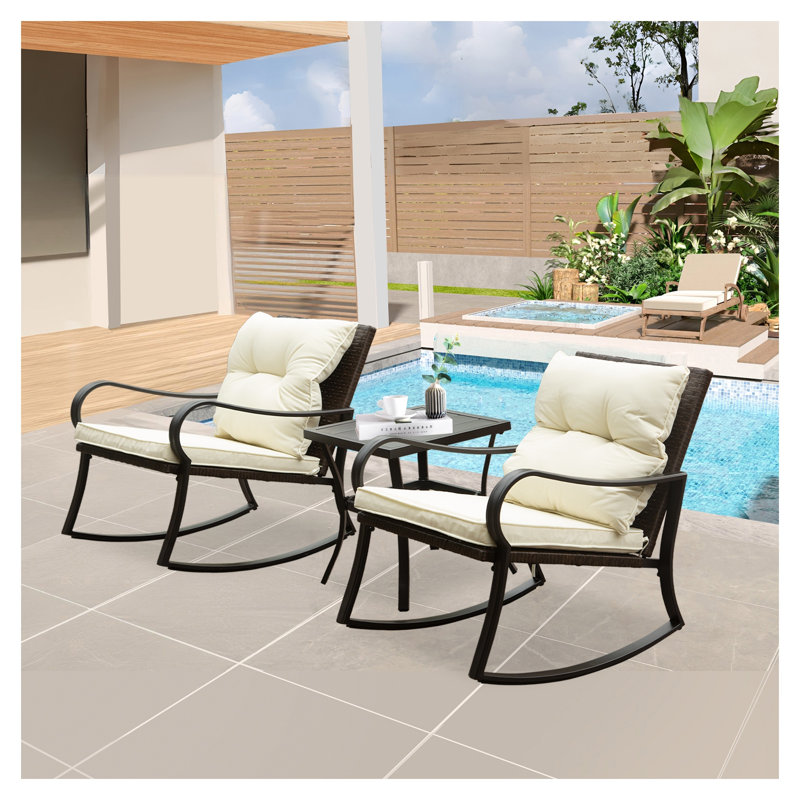 Metal 2-Person Outdoor Patio Rocking Seating Group with Cushions - All-Weather Wicker Conversation Set, White, Brown