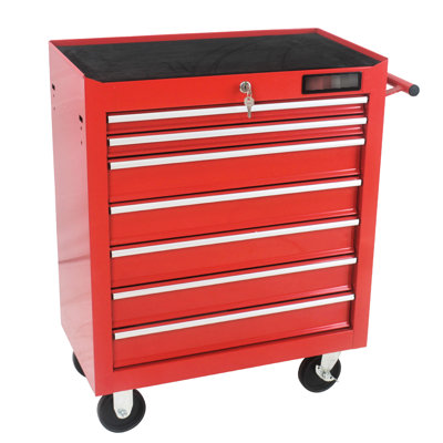 Chariot à outils rouge 7 avec serrure, acier thermolaqué, glissière à roulement, roues verrouillables,