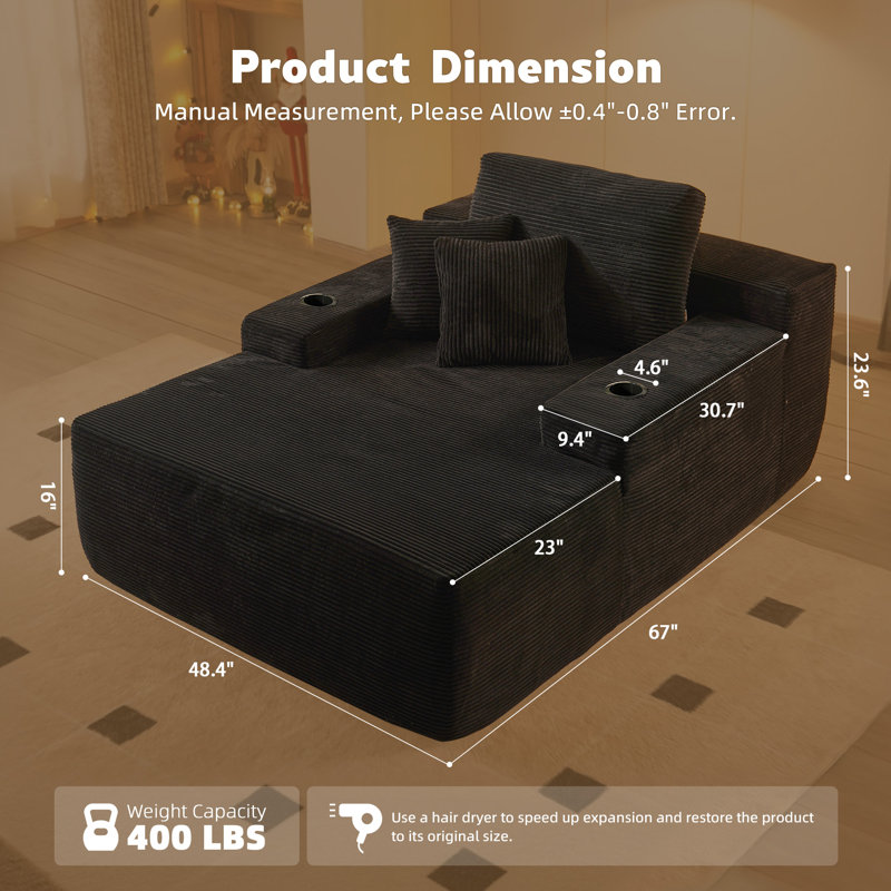 Boneless No Assembly Required Compression Packed 1-piece Cloud Modular Upholstered Sectional Sofa, Black Polyester