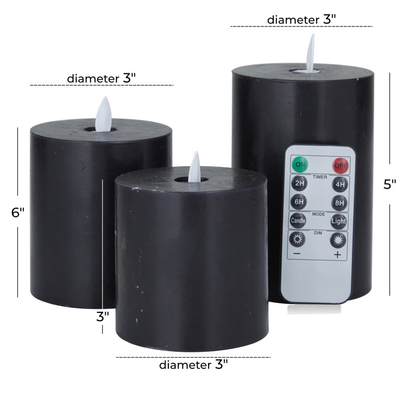 Flameless Candle, Black, 5" H x 3" W/3.7" H x 3" W/3" H x 3" W