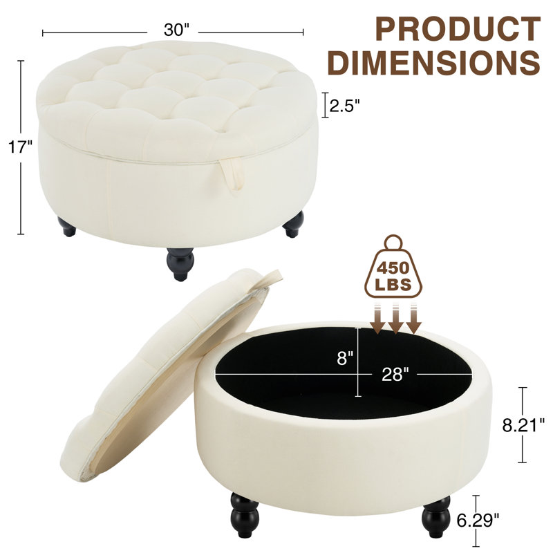 Repose-pieds rond rembourré avec rangement de 30 po pour le salon, Beige