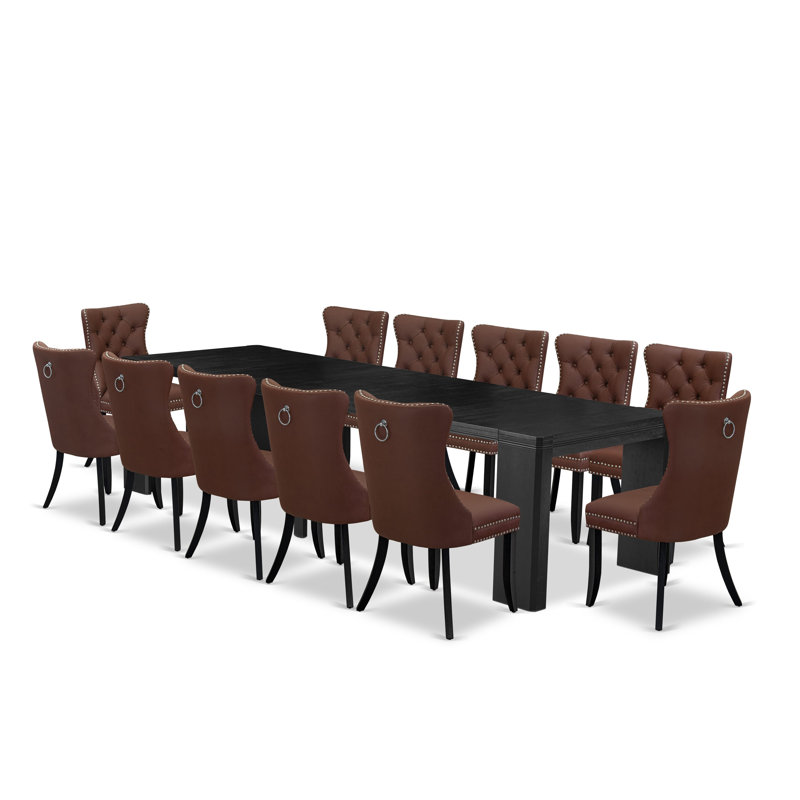 13-piece Dining Table Set a Rectangular Kitchen Table and 12 Burgundy Polyester fabric Dining Chairs, Wire Brushed Black Finish.