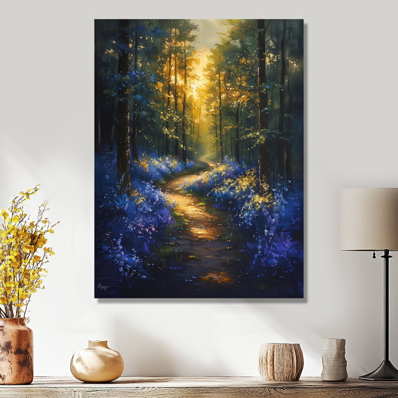 Sentier floral vert et jaune dans un bois chuchotant - impression d'art mural forêt, Métal métal, H 24 po x l 32 po x P 1 po