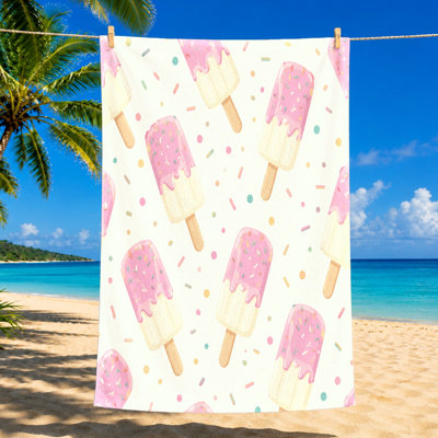 1Pcs Ice Cream Beach Towel, featuring a delightful pattern of pink-frosted bars with sprinkles on white background. Large microfiber, perfect for, pool, and travel, cute design kids adults.