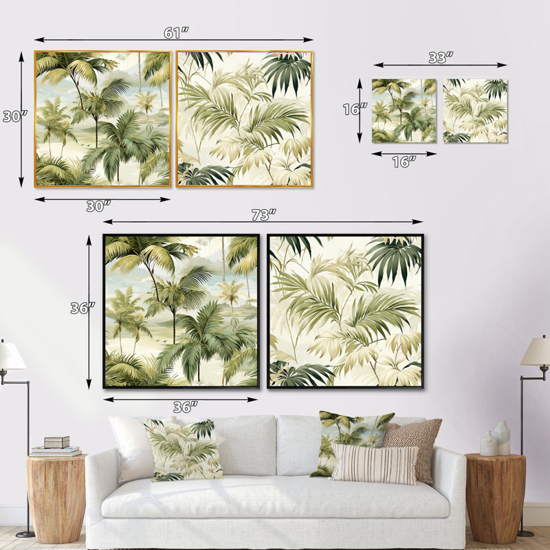 Palmier motif tropical - ensemble de 2 collages carrés tropicaux, H 16 po x l 33 po, Cadre flottant brun