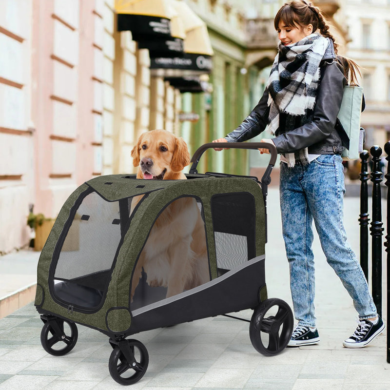 Poussette pour grands chiens, très grande poussette pour animaux de taille moyenne, chariot pour chien, chariot pliable, poignée réglable, bleu