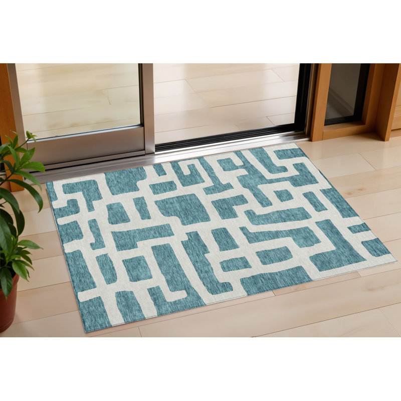 Tapis d'extérieur lavable abstrait bleu sarcelle et ivoire 3 pi x 5 pi