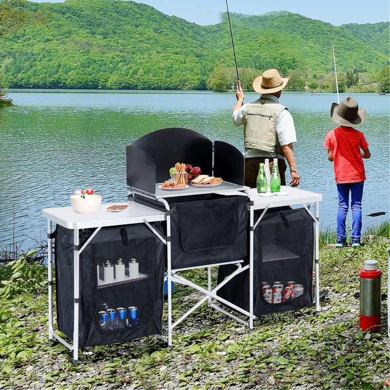 Fold-Up Cooking Table With Windscreen And Storage