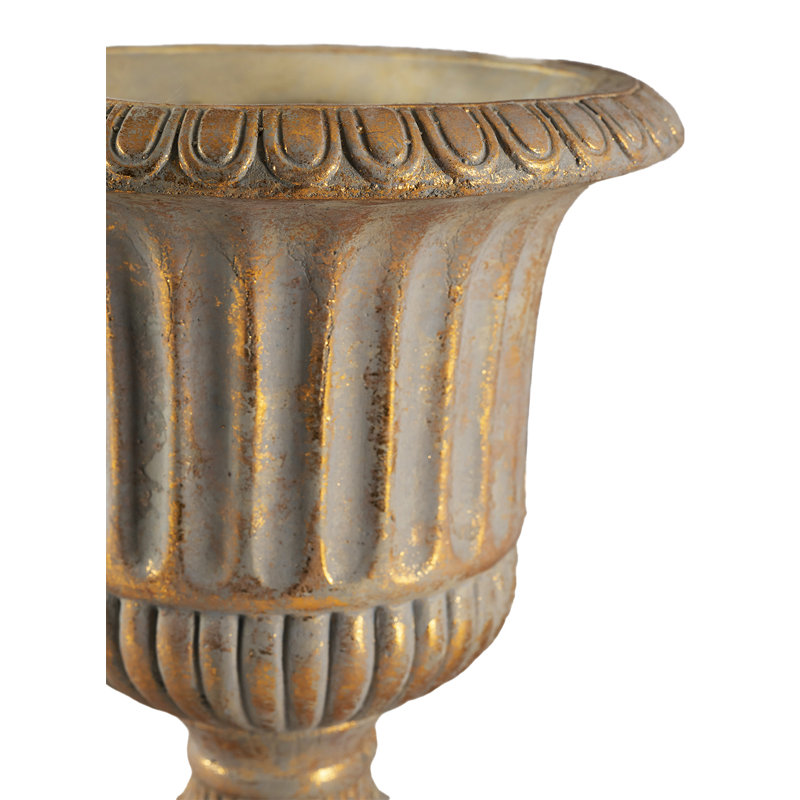  Antique Gold Ribbed Cement Urn Vase, European Style Decorative Flower Pot For Classic Or Rustic Home Décor, 10" Diameter & 12.3" Tall