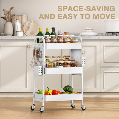 3 Tier Rolling Cart with DIY Hanging Board, Metal Rolling Utility Cart with Wheels Handles Baskets Hooks, Rolling Storage Cart