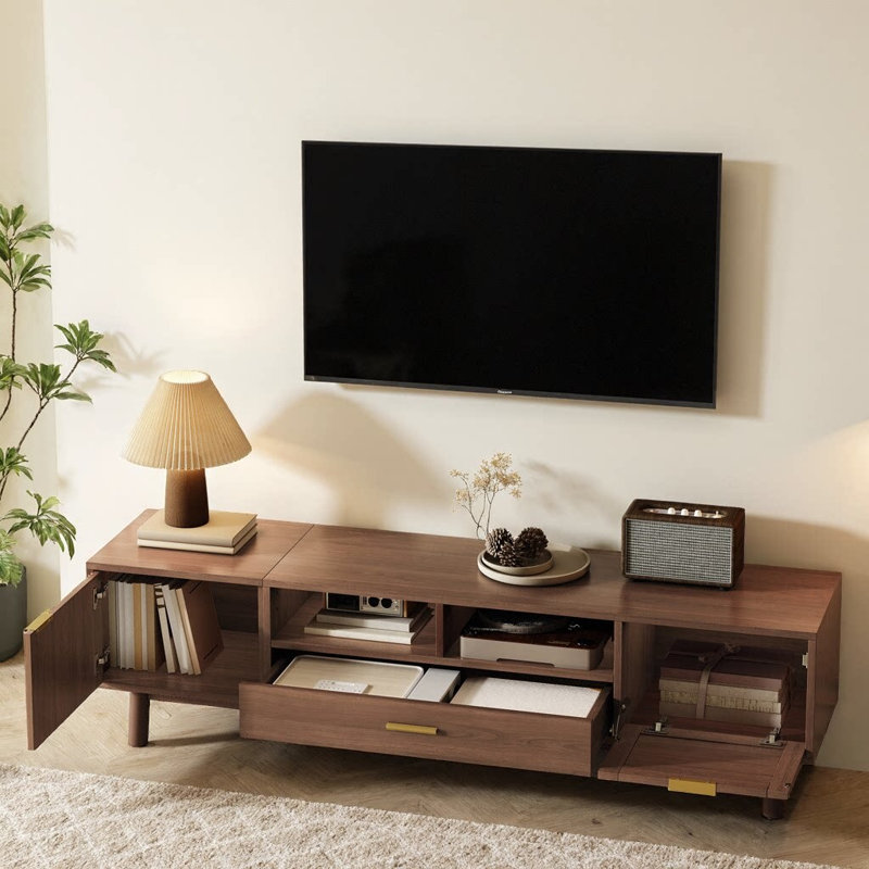 Meuble télé 67 po pour téléviseur de 75 po, porte en rotin à fermeture en douceur, armoire rabattable, pieds en pin massif, brun foncé