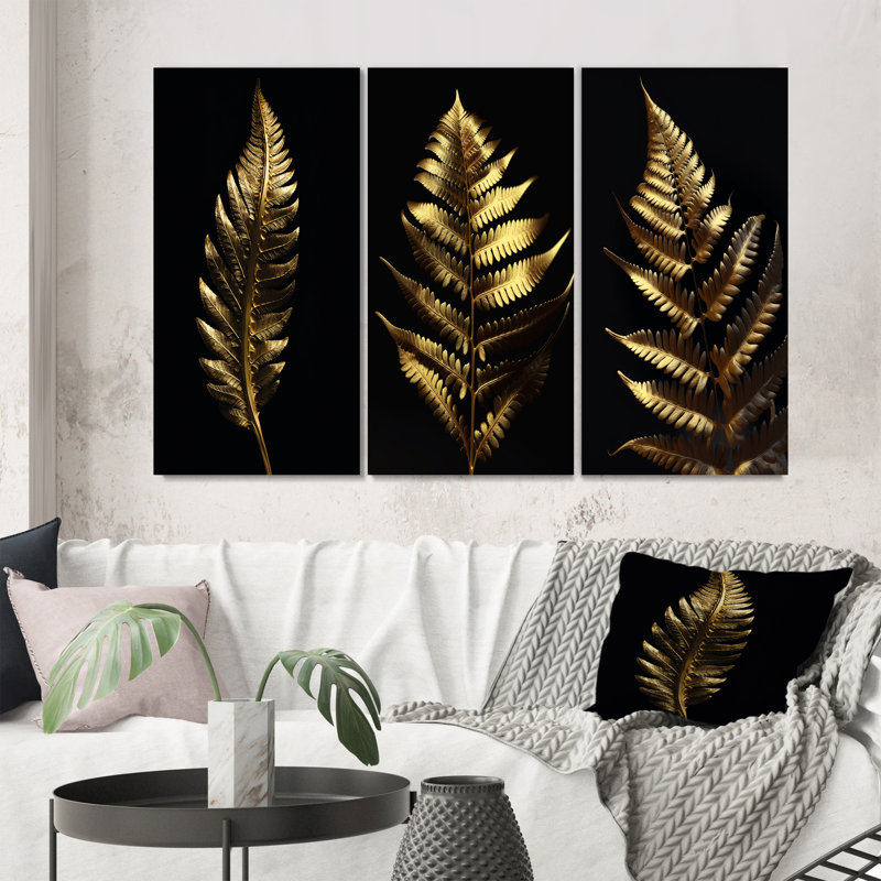 Golden Fern Leaf on Black IV - 3 pièces, Toile tendue, H 32 po x l 48 po
