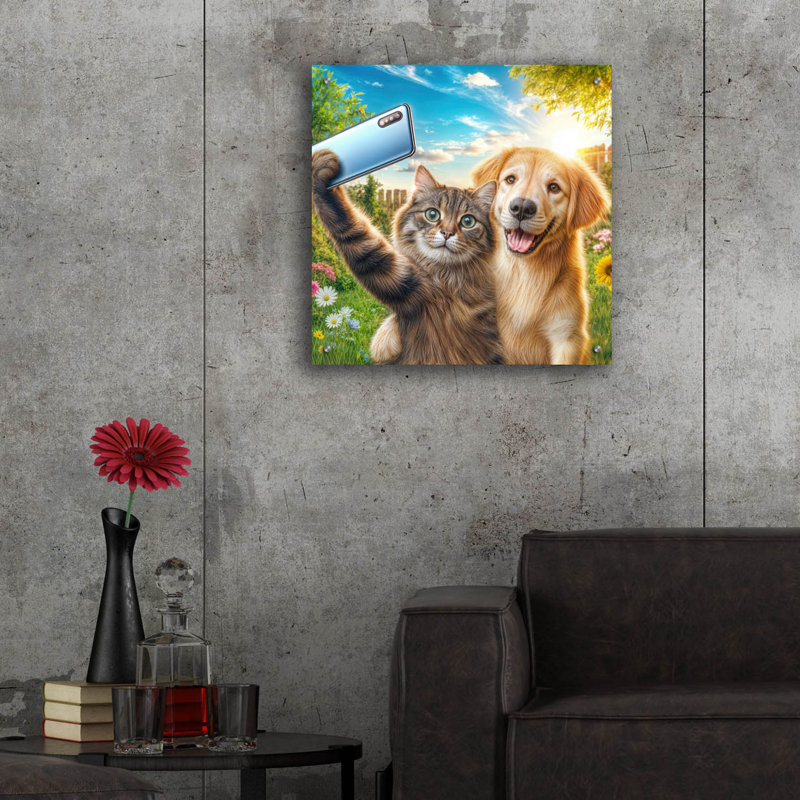 «Cat and Dog - Friends Selfie» par Rey Klimt, art mural en verre acrylique, H 24 po x l 24 po x P 0,2 po