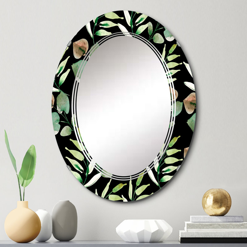 Feuilles vertes tropicales sur fond noir - miroir mural tropical ovale, 30 po x 20 po