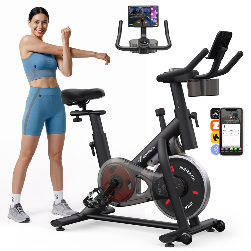 Vélo stationnaire MERACH, capacité de 330 lb, entraînement par courroie silencieuse avec siège confortable et application