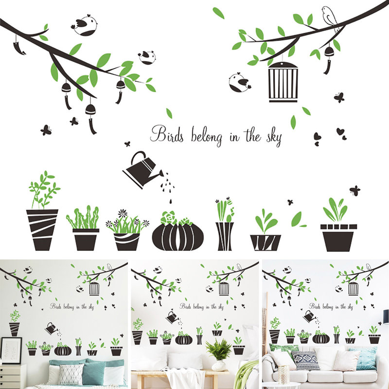 Branches vertes en pot chambre à coucher salon maison décoration murale autocollants muraux