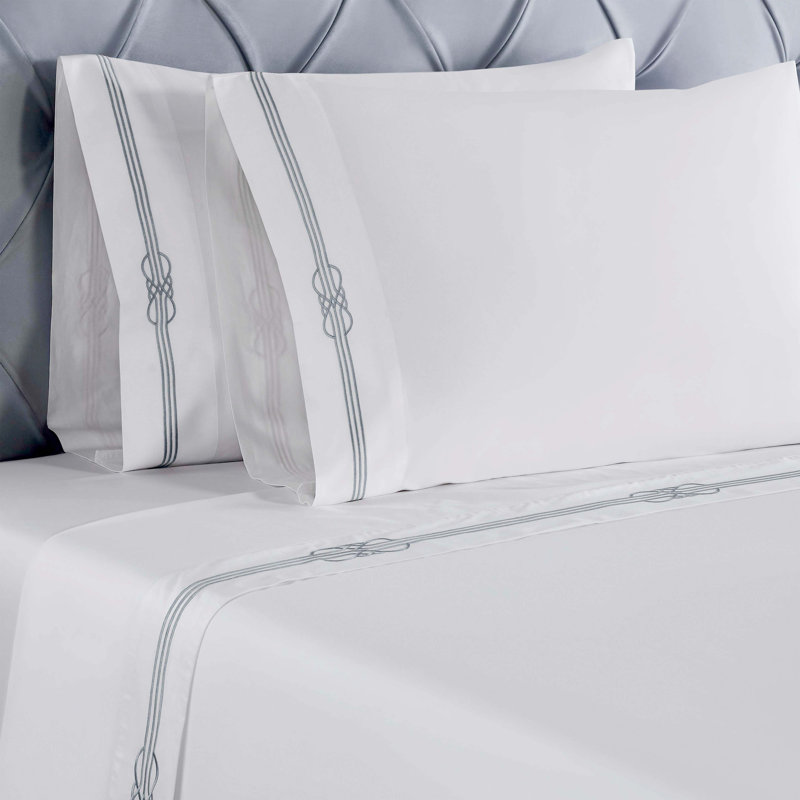 Moonlawn Cotton Gold Embroidered Deep Pocket Bed Sheet Set by Superior, Queen Sheet 4Pc Set, White/Silver